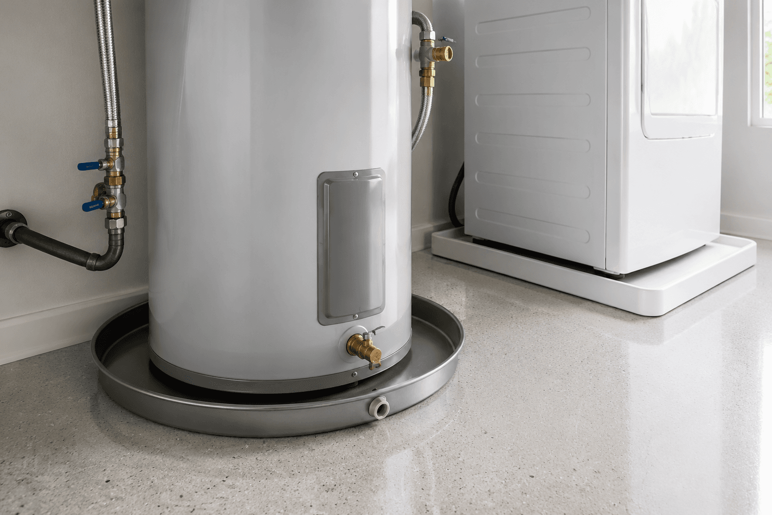Water heater and appliance drip pan scene